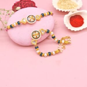 Blue & Gold Kundan Bhaiya Bhabhi Rakhi Set – Elegant Pearl Beaded Design