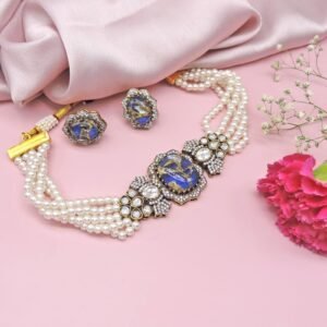 Regal blue kundan pearl jewelry set