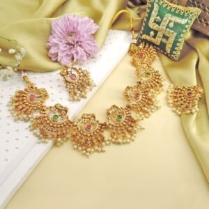 Traditional Temple Jewelry Necklace Set with Earrings – Antique Gold Finish