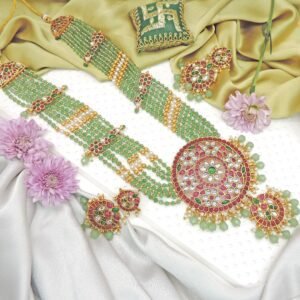 Royal Kundan Long Necklace Set with Green Beads & Statement Pendant