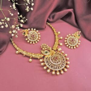 Traditional Peacock Design Necklace Set with Stones & Pearls – Antique Gold Finish