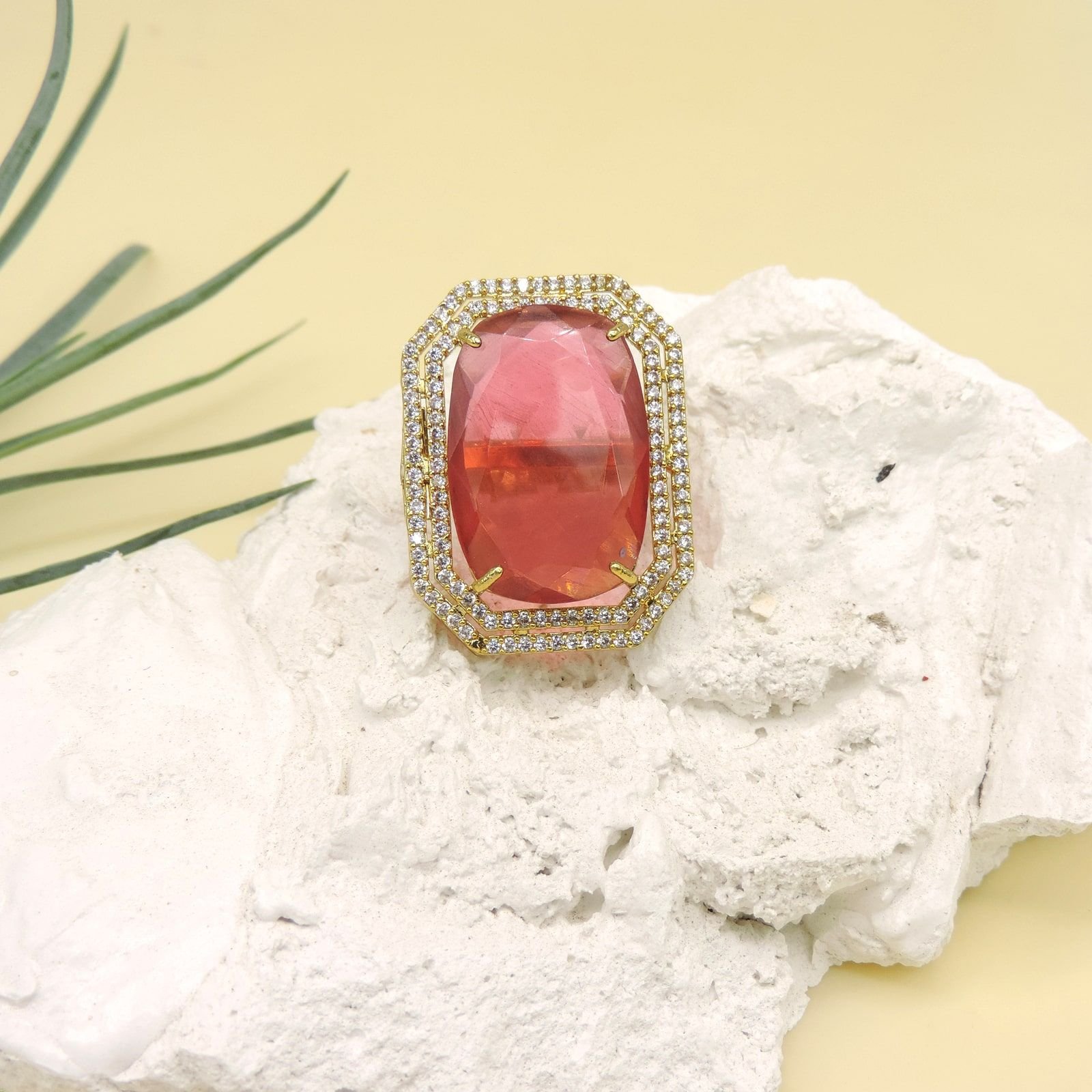 Rectangle AD Cocktail Ring with Red Stone