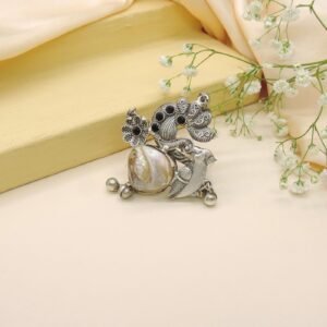 Oxidised Bird Motif Ring with Stone