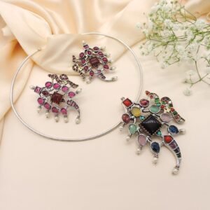Multicolor Stone Oxidised Hasli Necklace Set