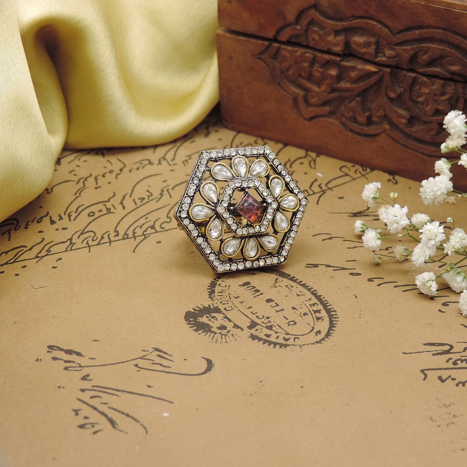 Hexagon AD Kundan Cocktail Ring with Red Stone Center