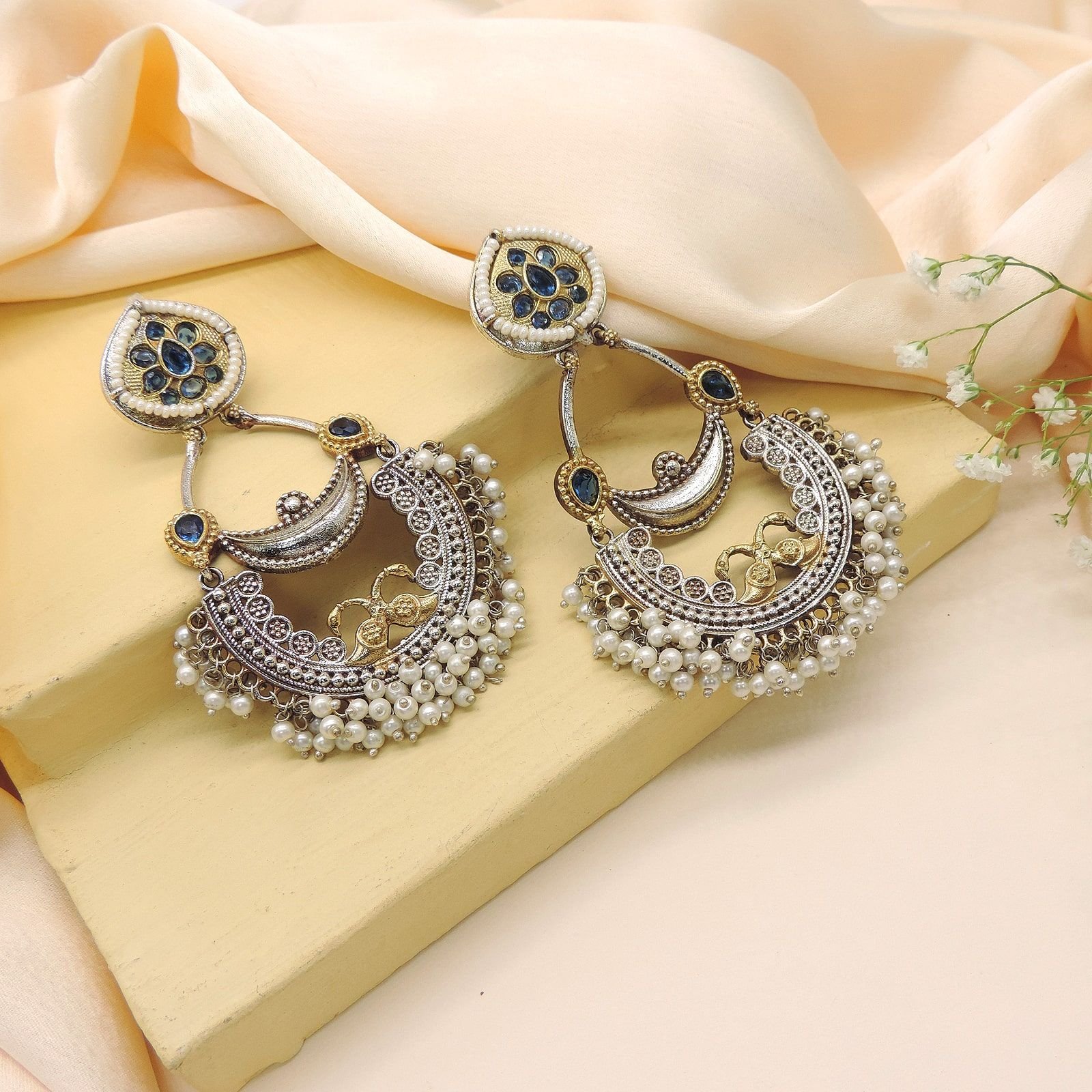 Oxidised Blue Stone Chandbali Earrings