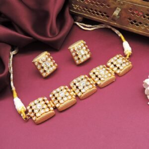 Geometric Kundan Choker Necklace Set with Earrings