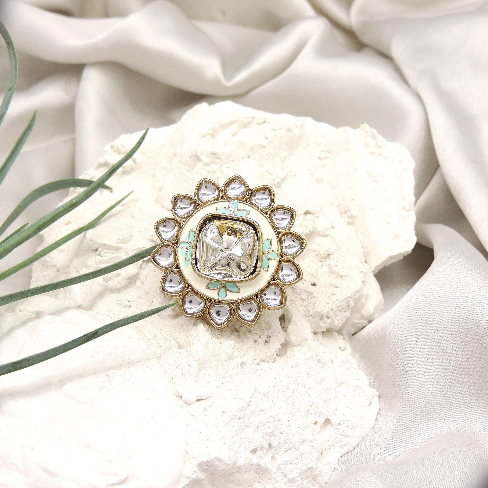 Round Enamel Kundan AD Cocktail Ring (Ivory Mint)