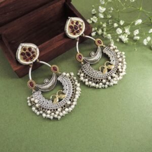 Oxidised Chandbali Earrings with Red Stones