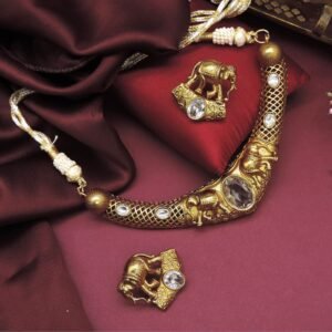 Antique Elephant Motif Necklace Set with White Stones