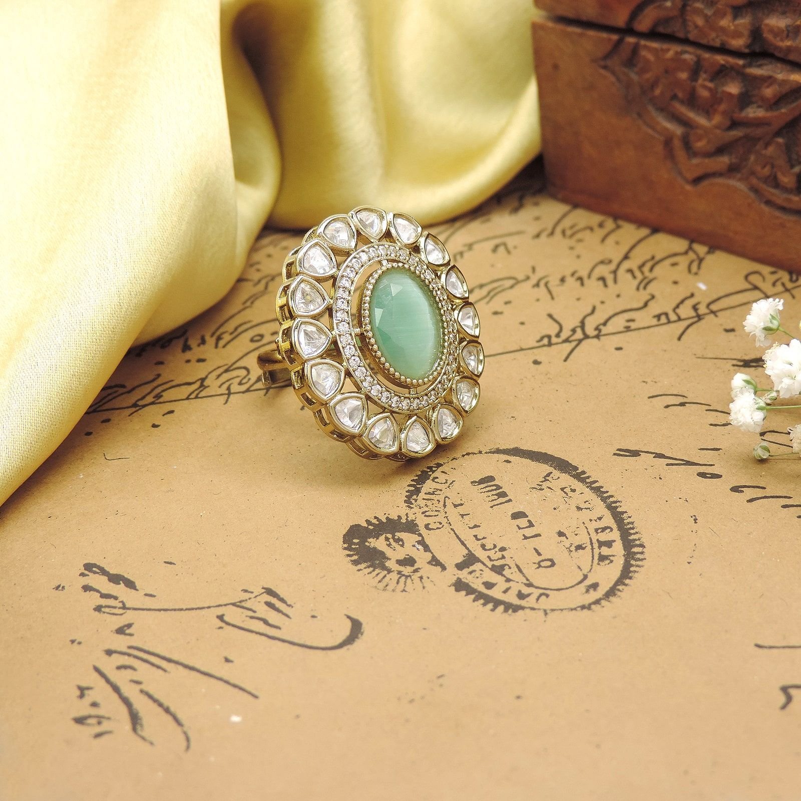 Round AD Kundan Cocktail Ring with Green Stone