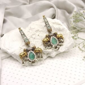 Oxidised Nandi Motif Green Stone Earrings