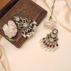 Gold-Plated Kundan Chandbali Earrings with Pearls & Red Stones | Bridal & Festive Indian Jewelry