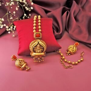 Traditional Temple Jewelry Necklace Set with Goddess Lakshmi Pendant & Matching Earrings