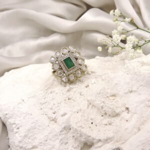 Square Green Kundan AD Halo Ring