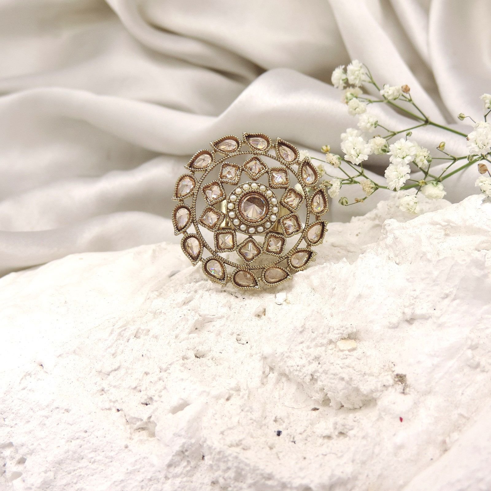 Antique Finish Openwork Kundan AD Cocktail Ring