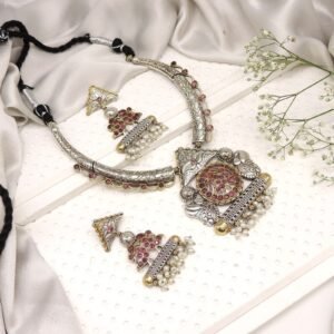 Oxidised Silver-Gold Red Stone Statement Necklace Set