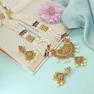 Traditional Peacock Pearl Mala Necklace Set with Jhumka Earrings