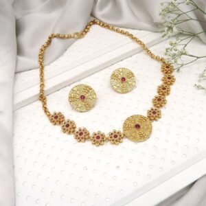 Antique Gold Floral Necklace Set with Round Stud Earrings
