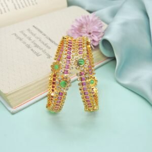 Gold Plated Bangles with Pink & Green Stones – Traditional Bridal Jewelry