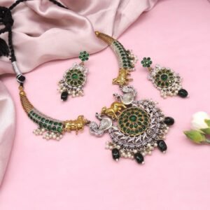 Antique Silver Look-Alike Green Stone Necklace Set