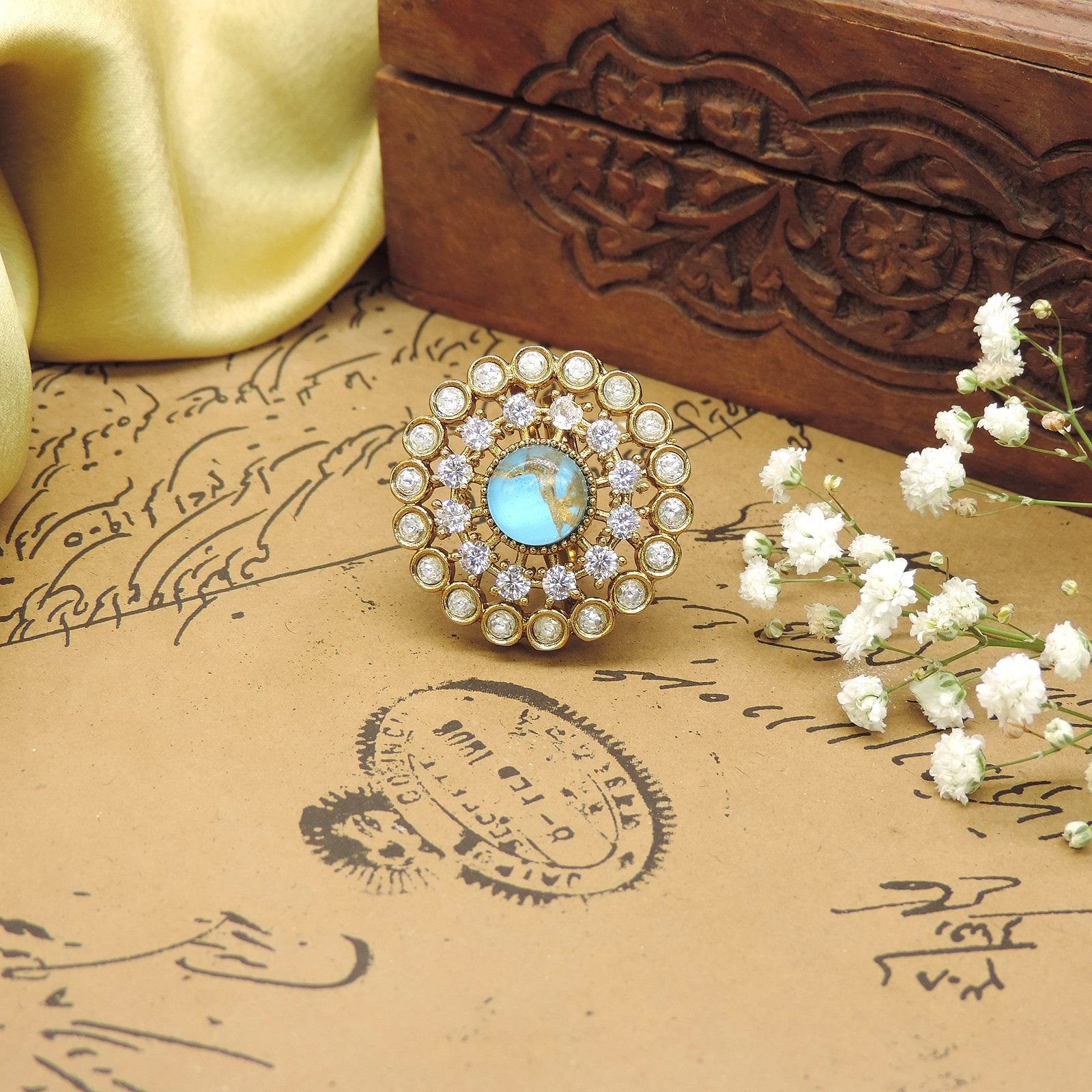 Round AD Cocktail Ring with Blue Stone