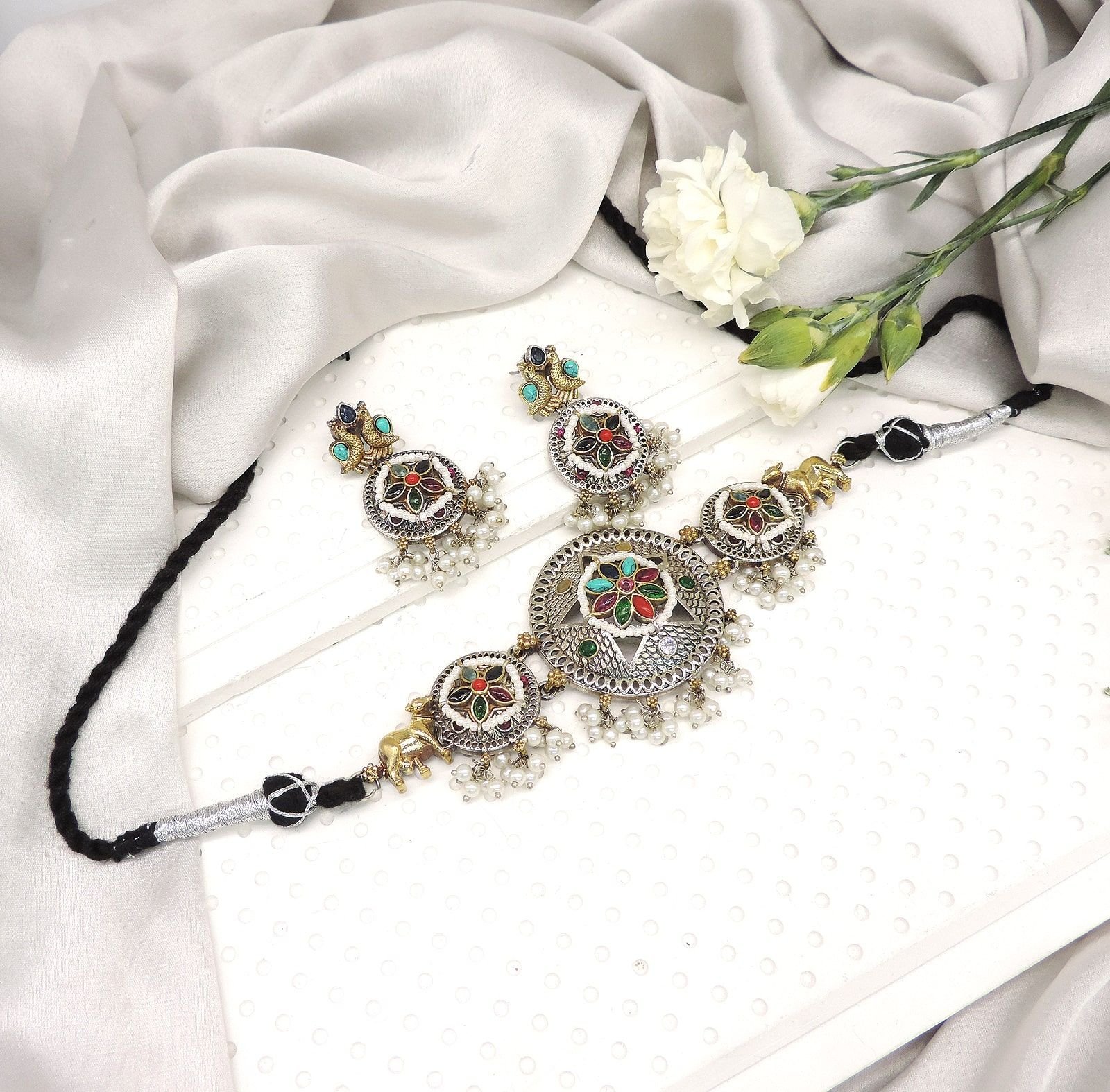 Oxidised Silver Look-Alike Enamel Choker Set