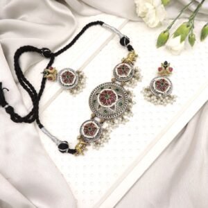 Oxidised Silver Look-Alike Red & Green Enamel Choker Set