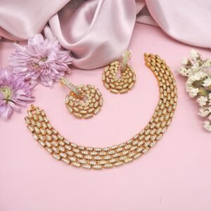 Gold-Plated AD Stone Choker Necklace Set with Designer Earrings