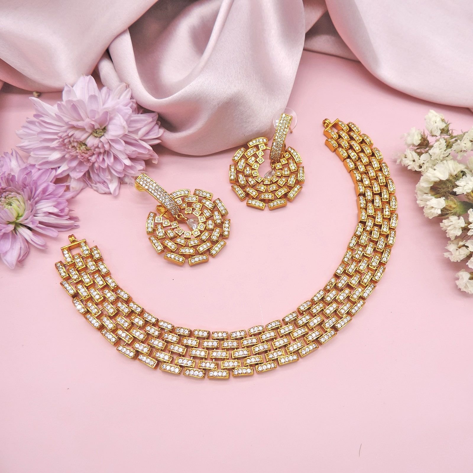 Gold-Plated AD Stone Choker Necklace Set with Designer Earrings