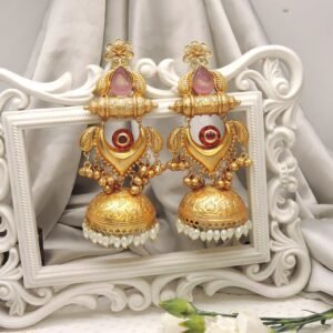 Gold Plated Pink & Red Stone Jhumka Earrings