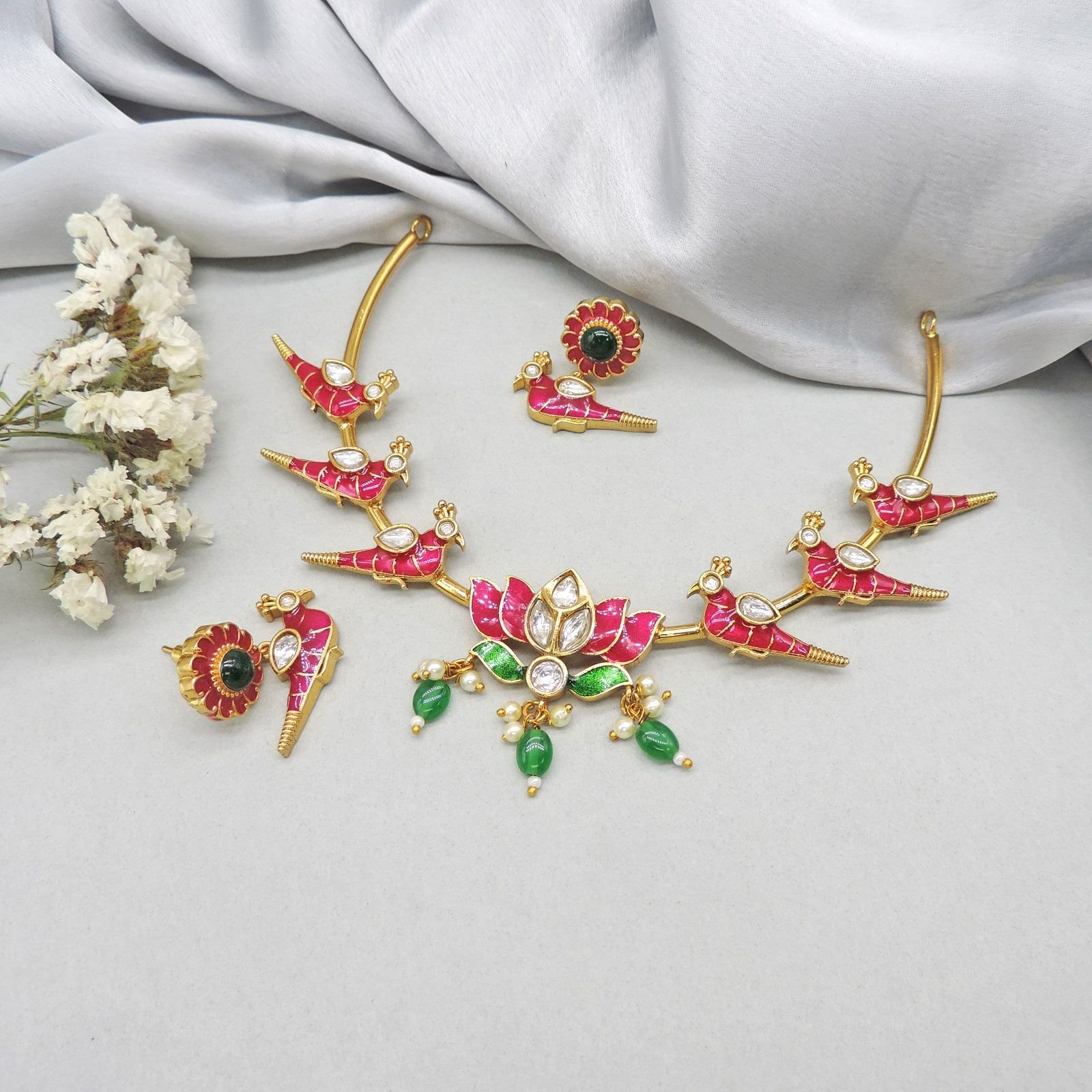 Lotus & Peacock Enamel Necklace Set with Earrings