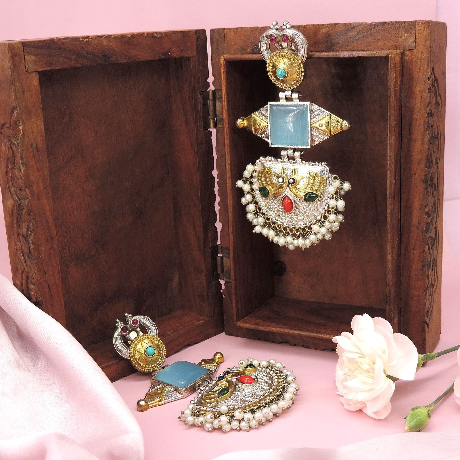 Oxidised Blue Stone Statement Earrings