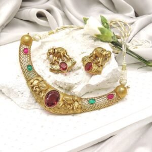 Antique Elephant Motif Necklace Set with Ruby & Emerald Stones