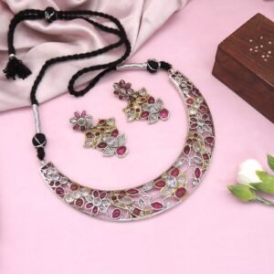 Silver Look-Alike Floral Ruby Stone Necklace Set