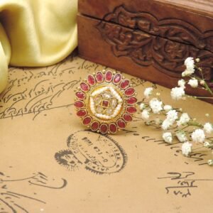 Round AD Kundan Cocktail Ring with Red Accents