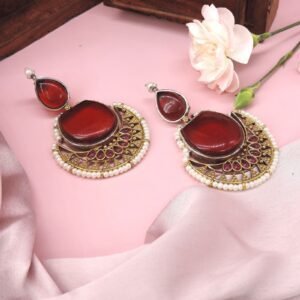 Oxidised Red Stone Chandbali Earrings