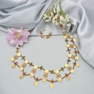 Antique Gold-Plated Double Layer Coin Necklace Set with Ruby & Emerald Accents