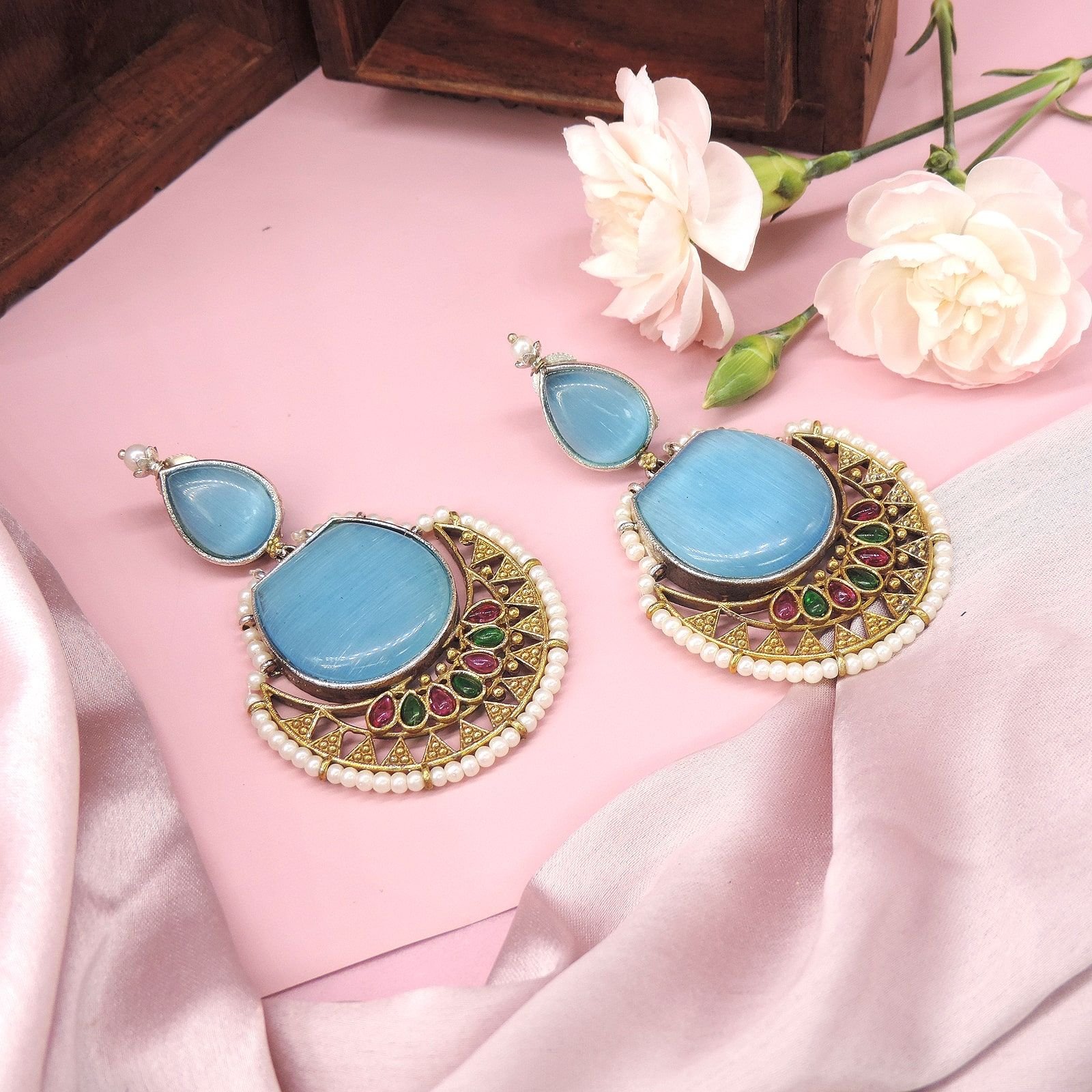 Oxidised Blue Stone Chandbali Earrings