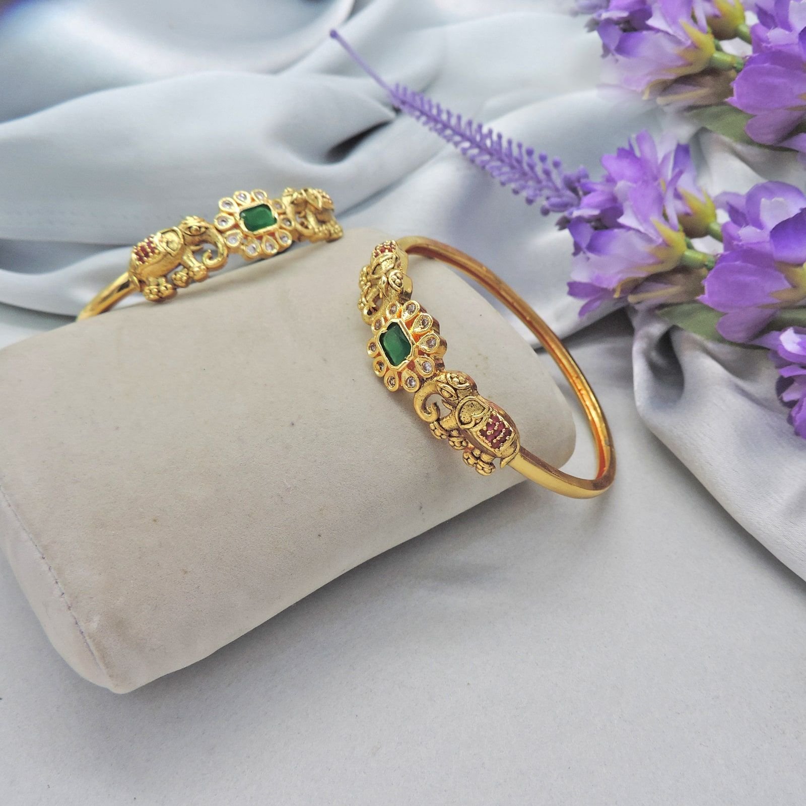 Antique Gold-Plated Temple Bangles with Emerald Green Stone