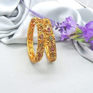 Antique Gold-Plated Bangles with Ruby & Emerald Accents