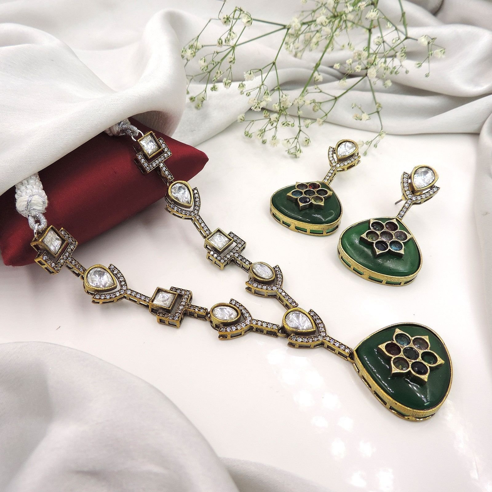 Green Enamel Kundan Necklace Set with Earrings