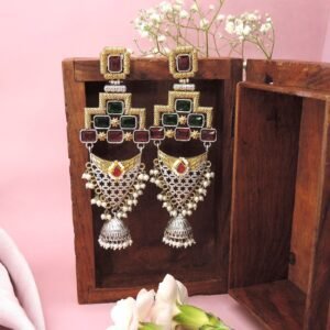 Oxidised Statement Earrings with Red and Green Stones