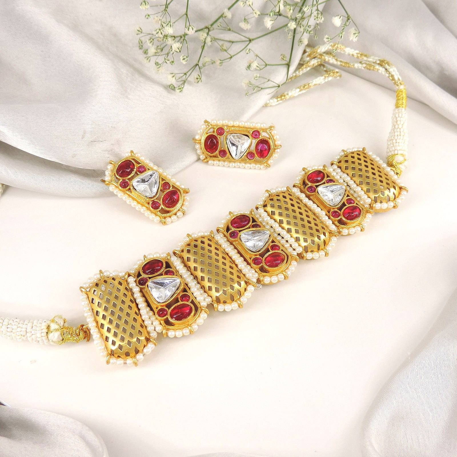 Red Kundan Choker Necklace Set with Pearl Borders