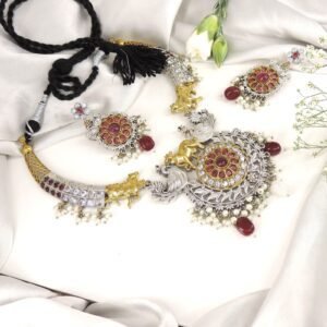 Antique Silver Look-Alike white red Stone Necklace Set