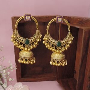 Gold Plated Hoop Jhumkas with Green Stone