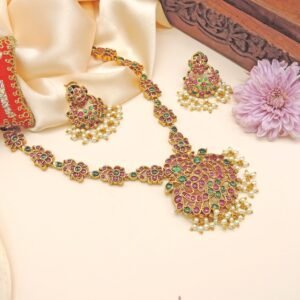 Floral Ruby & Emerald Necklace Set with Jhumkas