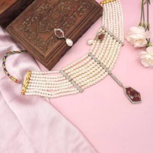 Multi-Layer Pearl Necklace with Ruby Red Pendants and Zircon Detailing