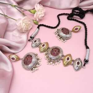 Oxidised Silver Choker  with Ruby Red Floral Detailing