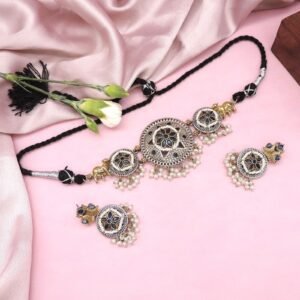 Dual Tone Silver Look-Alike Blue Stone Necklace Set